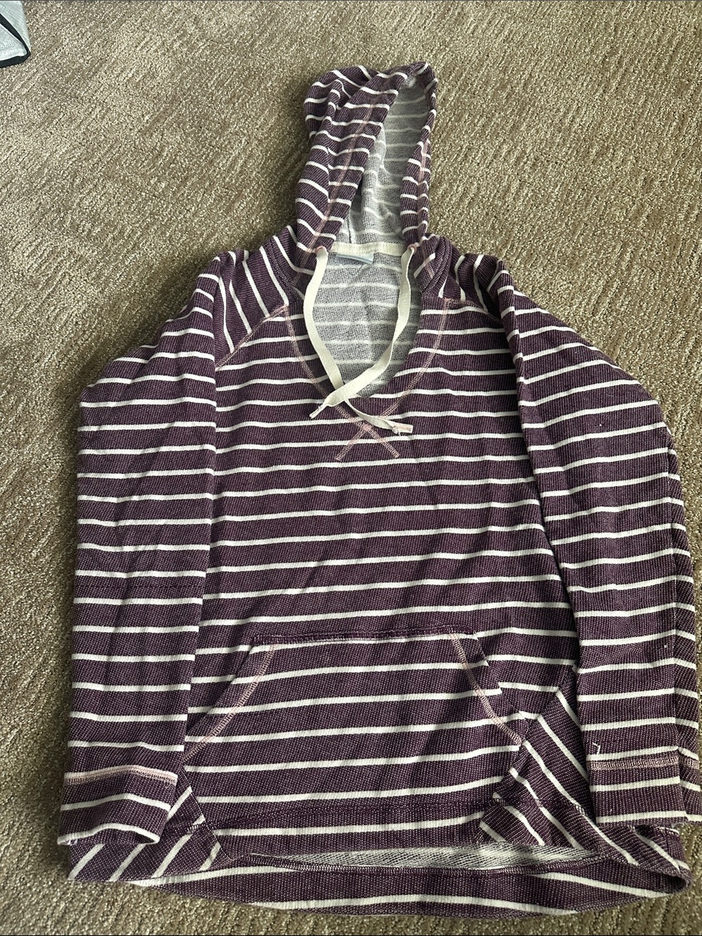Striped Hooded Pullover Sweatshirt in Plum and White by